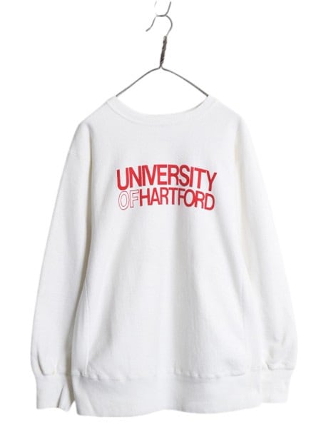 「80s USA製 ★ チャンピオン リバースウィーブ 染込み プリント スウェット メンズ L ヴィンテージ トレーナー スエット 裏起毛 カレッジ 白」