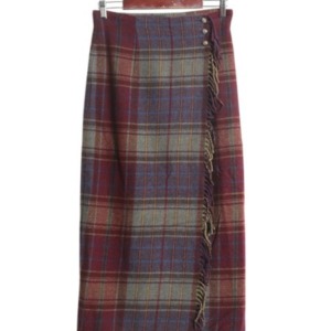 「90s LAUREN ラルフローレン フリンジ付き チェック ロング ラップ スカート レディース M 古着 オールド ポロ ラム ウール マキシ丈 フレア」