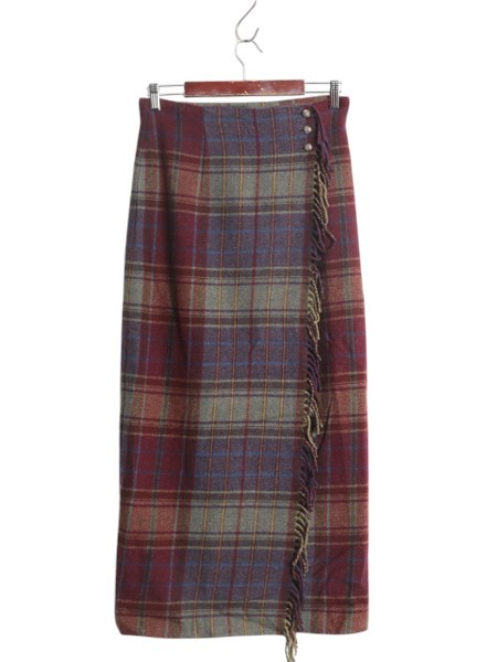 「90s LAUREN ラルフローレン フリンジ付き チェック ロング ラップ スカート レディース M 古着 オールド ポロ ラム ウール マキシ丈 フレア」