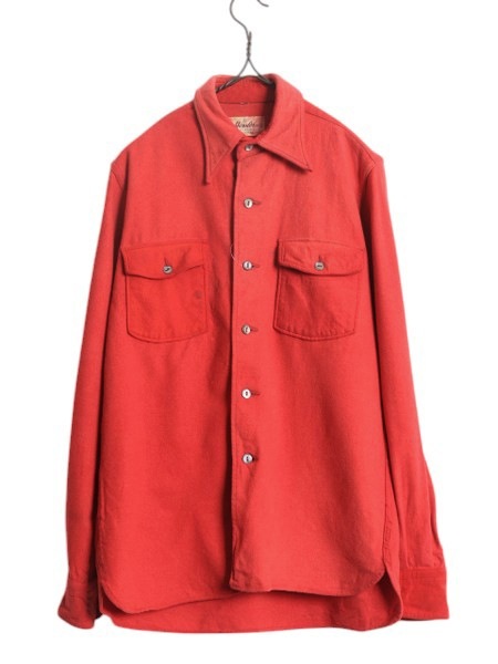 「40s USA製 ★ hessler ウール フランネル シャツ メンズ S / 古着 ヴィンテージ 長袖シャツ ネルシャツ ポケット付き 胸ポケット 無地 赤」