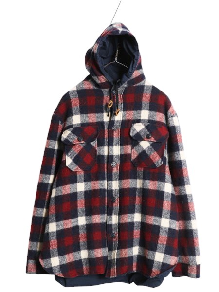 「70s ★ ウールリッチ リバーシブル シャツ ジャケット メンズ XL 白タグ アウトドア フード付き マウンテン パーカー ウール チェック 無地」