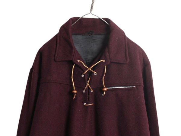 「60s 70s ★ レースアップ メルトン ウール プルオーバー シャツ ジャケット メンズ L / ヴィンテージ ボックス ヘビーウェイト 無地 エンジ」